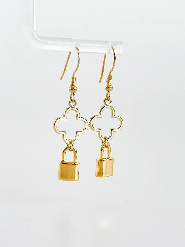 Lucky Clover & Lock Earrings-Gold