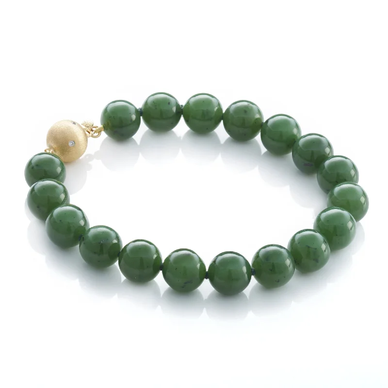 10MM Green Nephrite Jade & Gold Bracelet