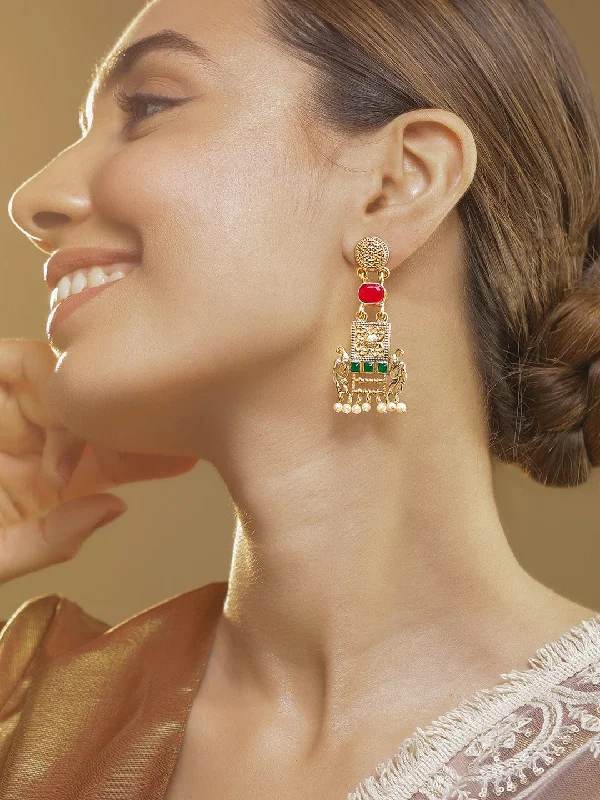 22K Gold Plated Ruby & Emerald Studded & Pearl  Beads Peacock Motif Dangle Earrings