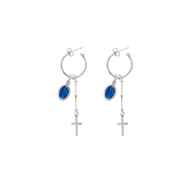 BLUE MIRACULOUS MEDAL - HOOP EARRINGS - SILVER