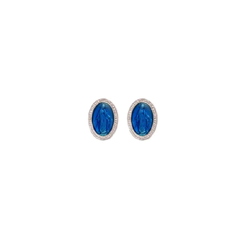 BLUE MIRACULOUS MEDAL - STUD EARRINGS - SILVER