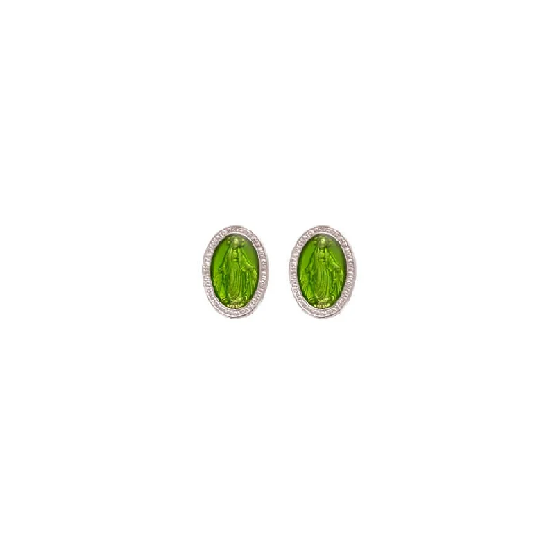 GREEN MIRACULOUS MEDAL - STUD EARRINGS - SILVER