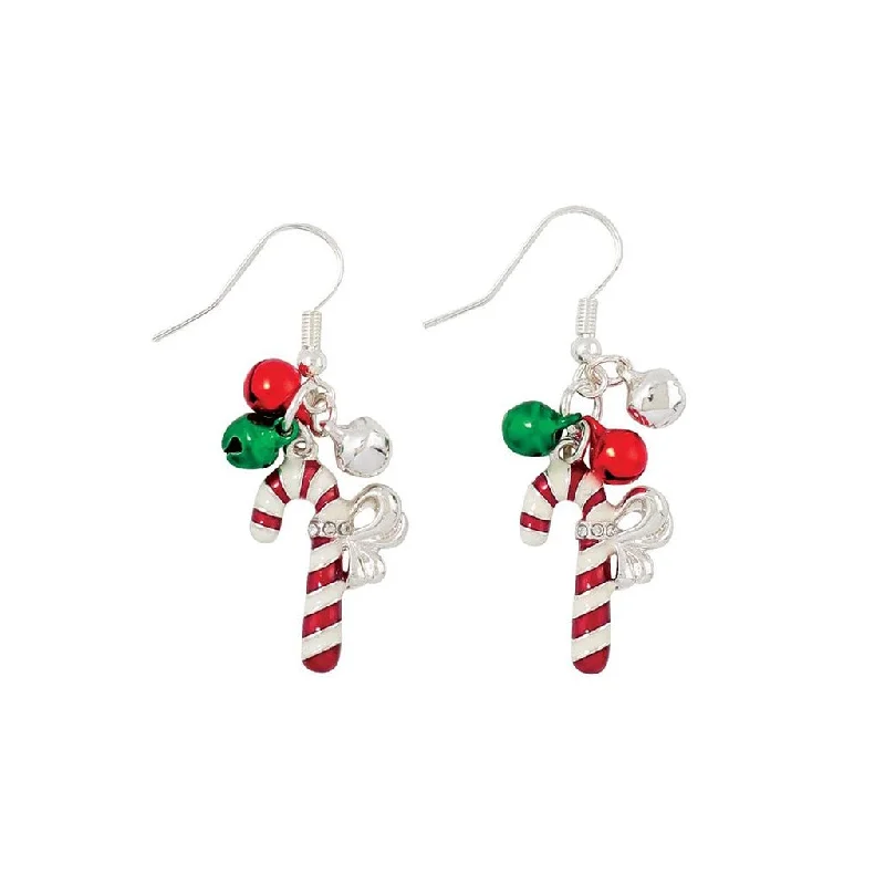 Periwinkle by Barlow : Red & White Candy Canes With Bells - Earrings