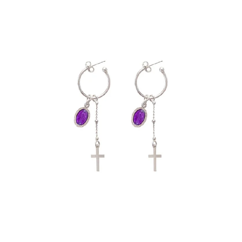 PURPLE MIRACULOUS MEDAL - HOOP EARRINGS - SILVER