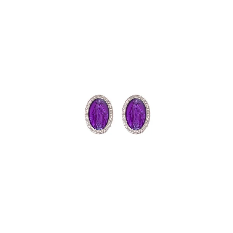 PURPLE MIRACULOUS MEDAL - STUD EARRINGS - SILVER