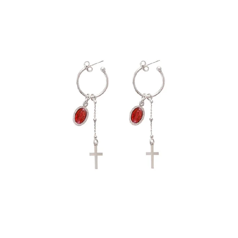 RED MIRACULOUS MEDAL - HOOP EARRINGS - SILVER