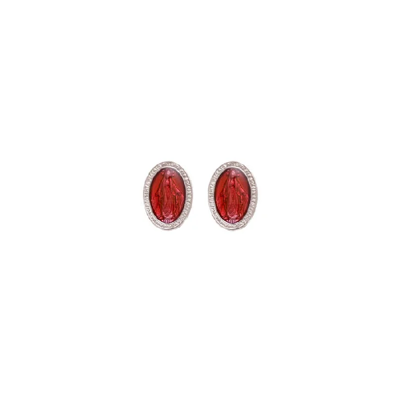 RED MIRACULOUS MEDAL - STUD EARRINGS - SILVER