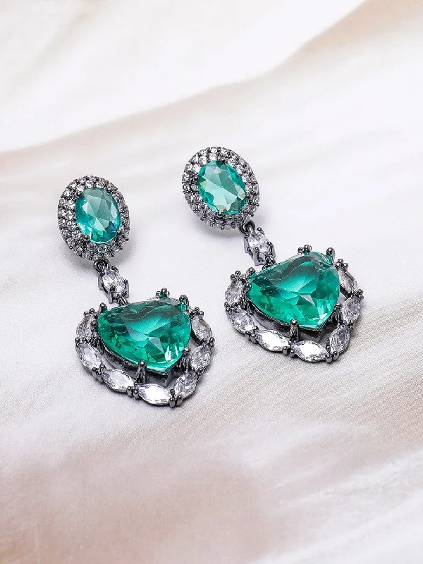 Voguish Rhodium-Plated Crystal Emerald AD & Cubic Zirconia Studded Premium Heart Drop Earrings