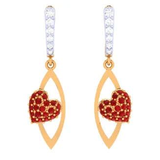 14k Diamond Embossed Red Stone Studded Yellow Gold Earring