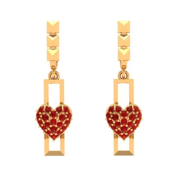 14k Red Stone Studded Heart Themed Yellow Gold Jhumka