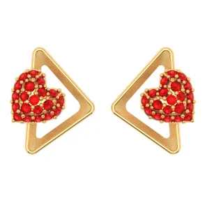 14k Red Stone Studded Triangular Heart Themed Yellow Gold Ear Stud