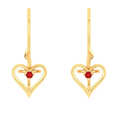 14KT Heart Shape And Red Stone Gold Drop Earring From Amazea Collection