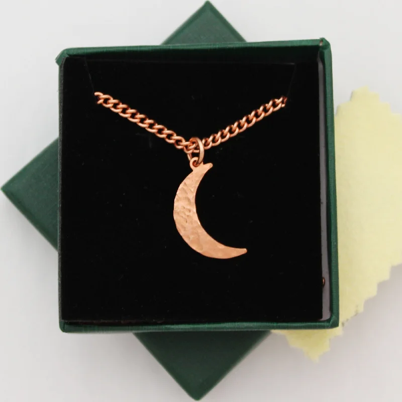 Copper Crescent Moon Charm Necklace Hammered Copper Moon Pendant Solid Copper Curb Chain Necklace