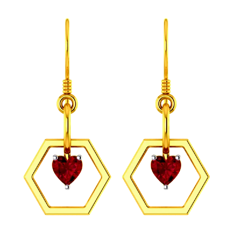 Hexagonal 14k Gold Earring With A Red Heart Pendant