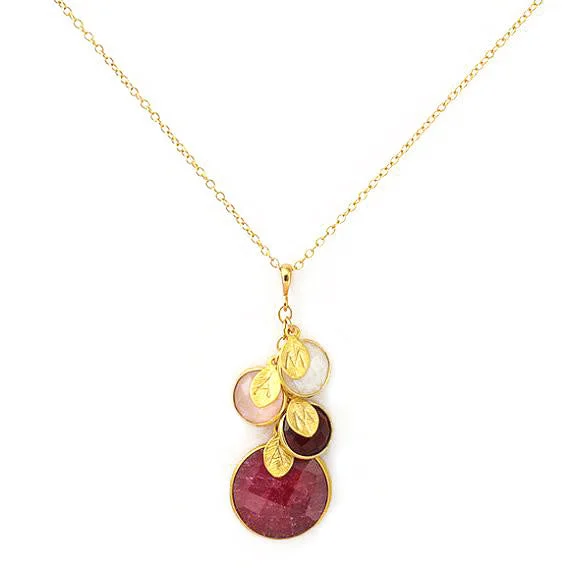 Mother's Round Gemstone Family Necklace, Necklace with Mom and Kids' Birthstones with Stamped Initial Charms