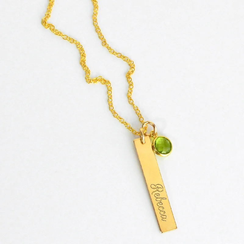 Engraved Bar Charm & Birthstone Necklace