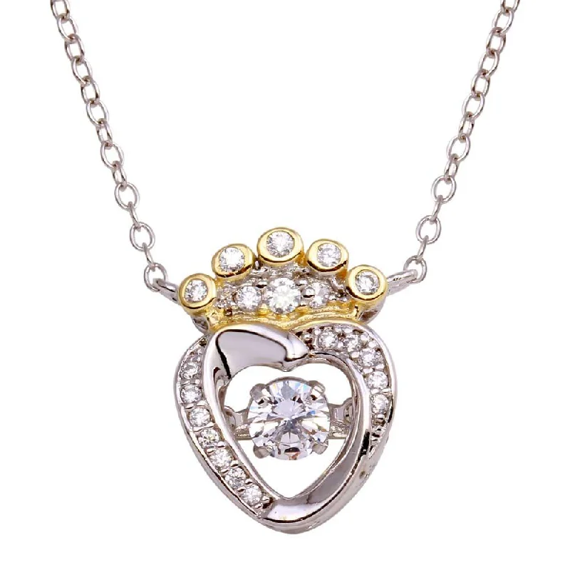 Two-Tone 925 Sterling Silver Crown Heart Dancing CZ Necklace - STP01696