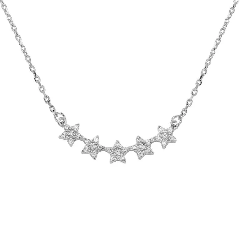 Rhodium Plated 925 Sterling Silver 5 Star Curve Necklace with CZ - BGP01281