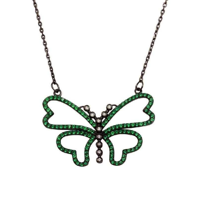 Black Rhodium Plated 925 Sterling Silver Green CZ Butterfly Pendant Necklace - BGP01304