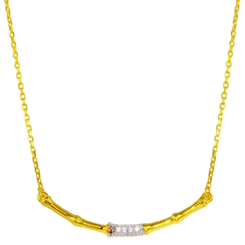 Gold Plated 925 Sterling Silver Bamboo Pendant Necklace with CZ - BGP01276