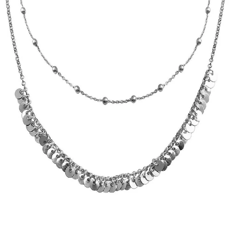 Rhodium Plated 925 Sterling Silver Beaded Disc Charms Double Chain Choker Necklace - ARN00051RH