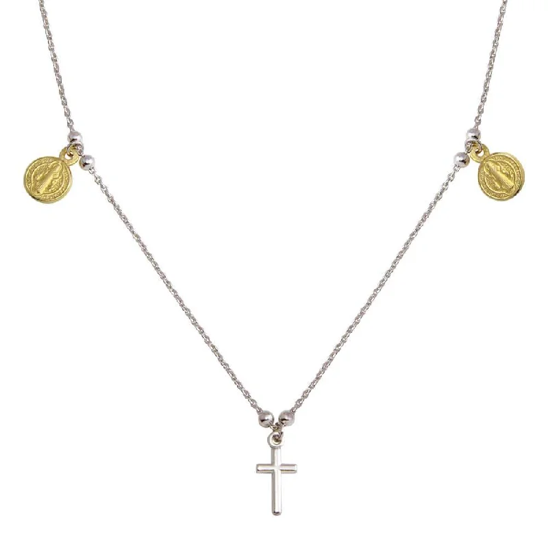 Two-Tone 925 Sterling Silver Rhodium Gold Plated Cross With Religious Charms Necklace - ARN00049RH-GP