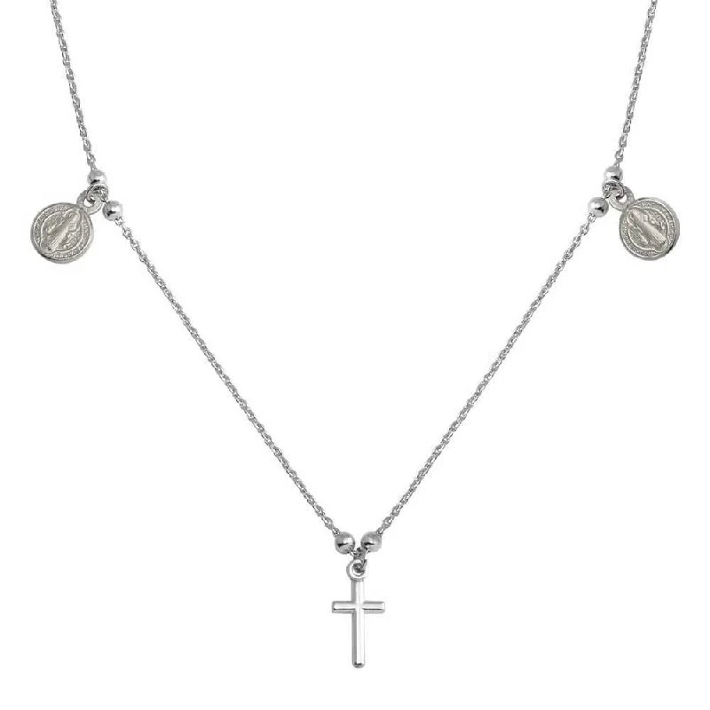 Rhodium Plated 925 Sterling Silver Cross With Religious Charms Necklace - ARN00049RH