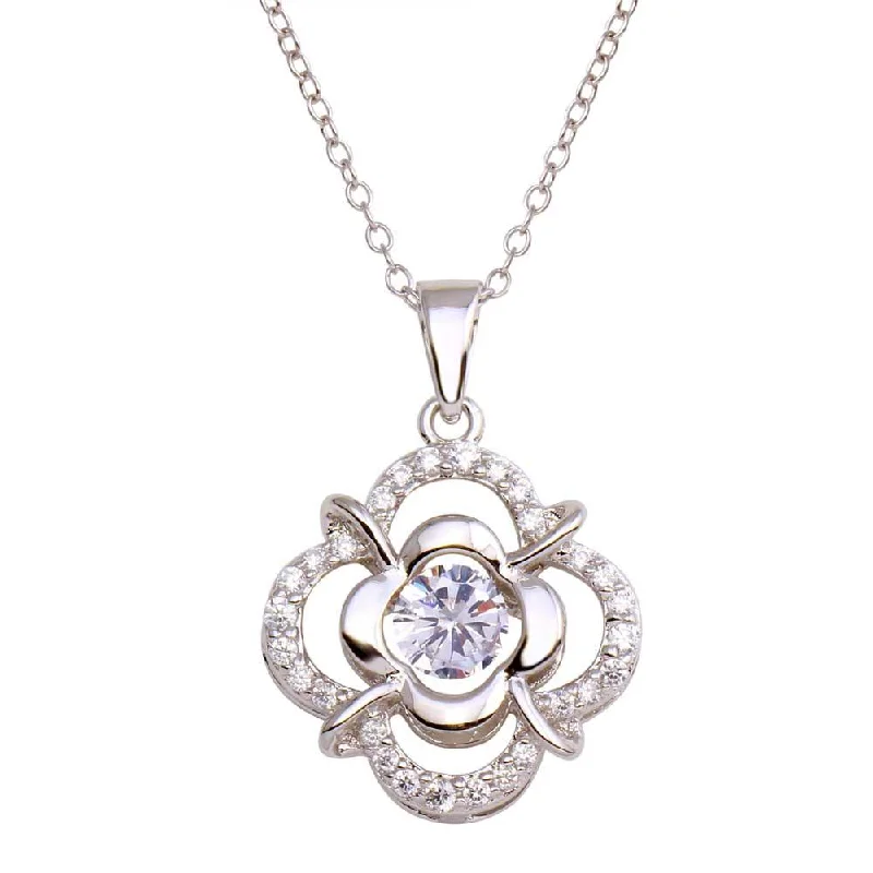 Rhodium Plated 925 Sterling Silver Open Flower Dancing CZ Necklace - STP01693