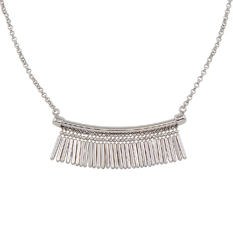 Rhodium Plated 925 Sterling Silver Bar with Tassels Necklace - ECN00041RH