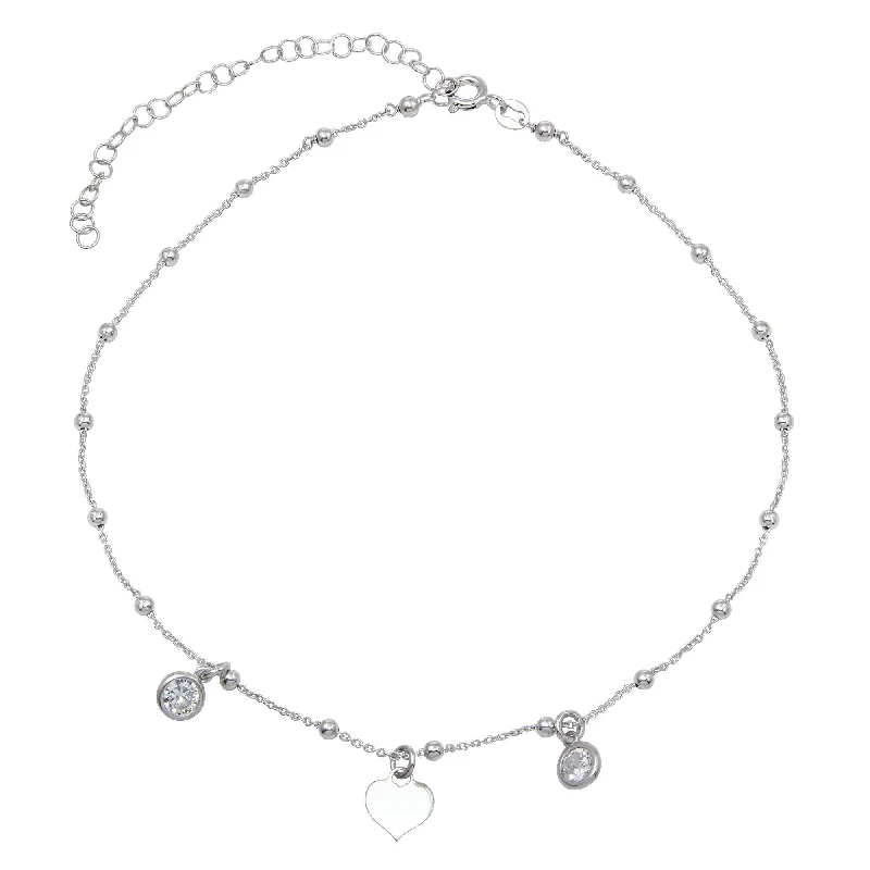 Rhodium Plated 925 Sterling Silver Beaded Heart with CZ Chain Necklace - ECN00033RH