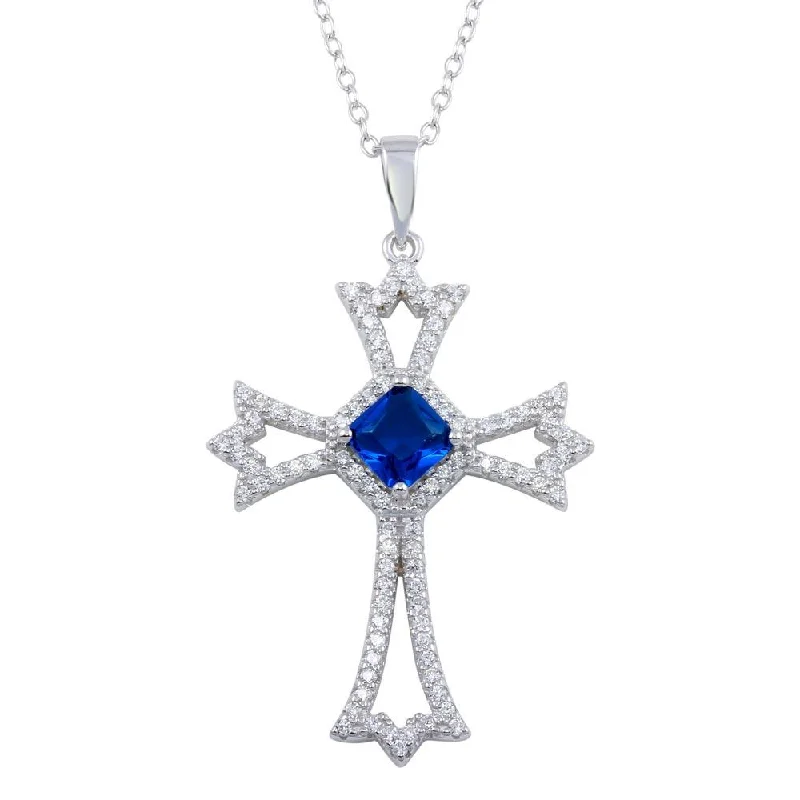 Rhodium Plated 925 Sterling Silver Blue CZ Center Open CZ Cross Necklace - BGP01319