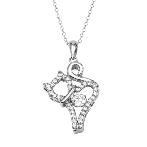 Rhodium Plated 925 Sterling Silver Cat Necklace with Dancing CZ - STP01687