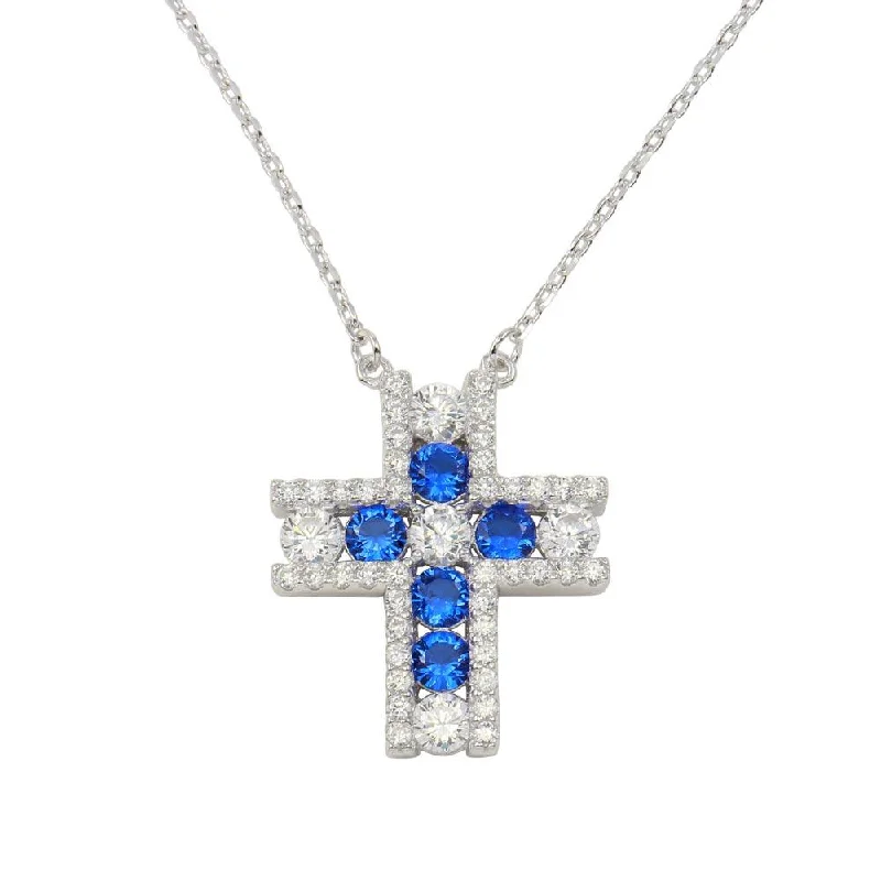 Rhodium Plated 925 Sterling Silver Cross Pendant Necklace with Clear and Blue Necklace - BGP01279