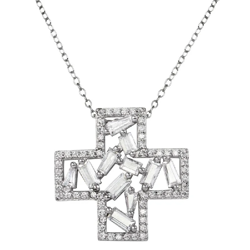 Rhodium Plated 925 Sterling Silver Cross Pendant Necklace with CZ - STP01667