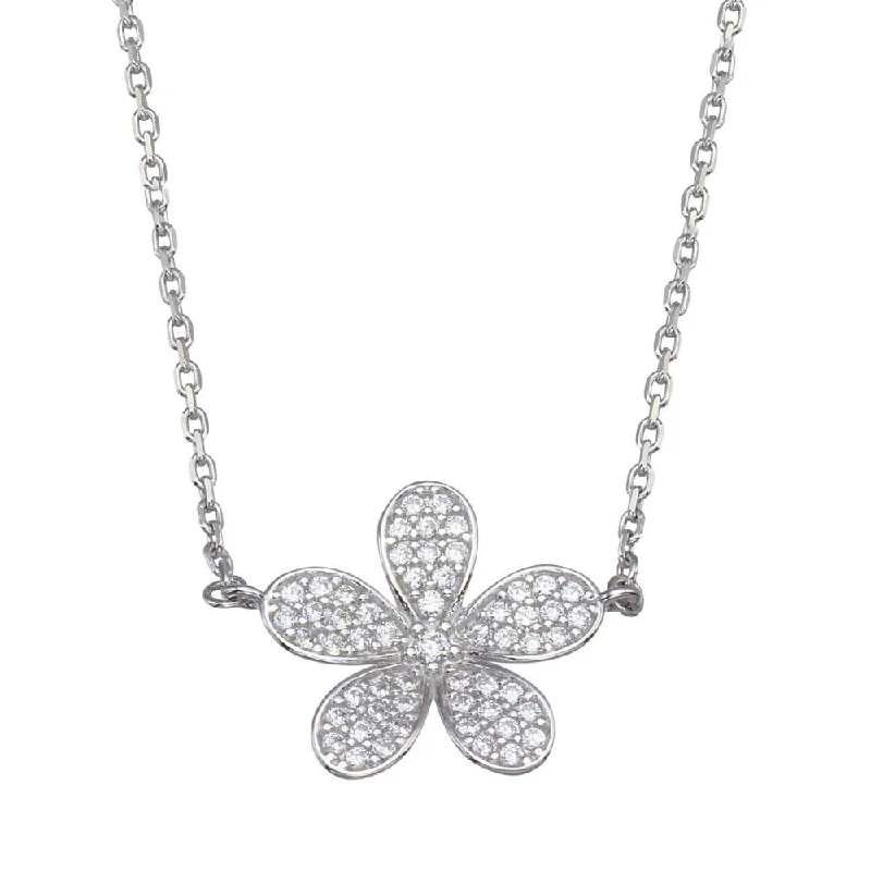 Rhodium Plated 925 Sterling Silver CZ Flower Necklace - GMN00098