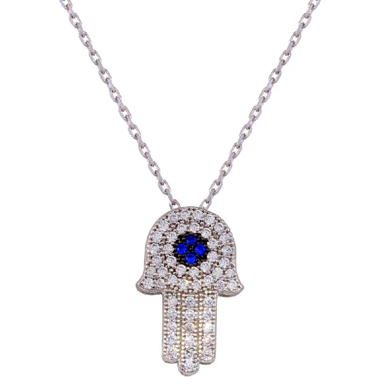 Rhodium Plated 925 Sterling Silver CZ Hamsa Necklace - GMN00004