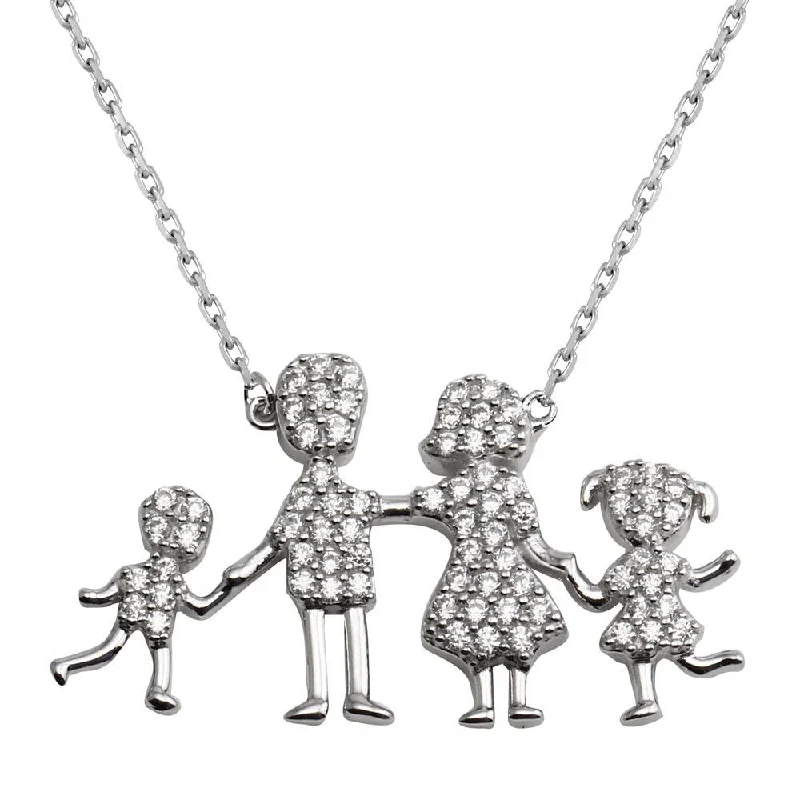 Rhodium Plated 925 Sterling Silver CZ Mom, Dad, Baby Boy And Girl Family Necklace - GMN00041