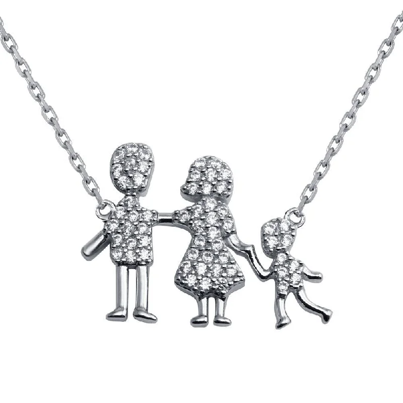 Rhodium Plated 925 Sterling Silver CZ Mom, Dad, Baby Boy Family Necklace - GMN00040