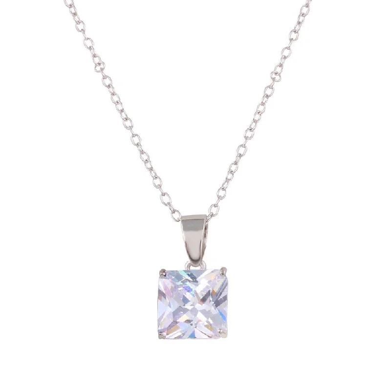 Rhodium Plated 925 Sterling Silver Square CZ Solitaire Necklace - STP01631RH