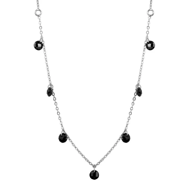 Rhodium Plated 925 Sterling Silver Dangling Black CZ Chain Necklace - ECN00050RH