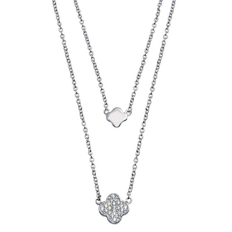 Rhodium Plated 925 Sterling Silver Double Chain Clover Necklace with CZ - STP01507