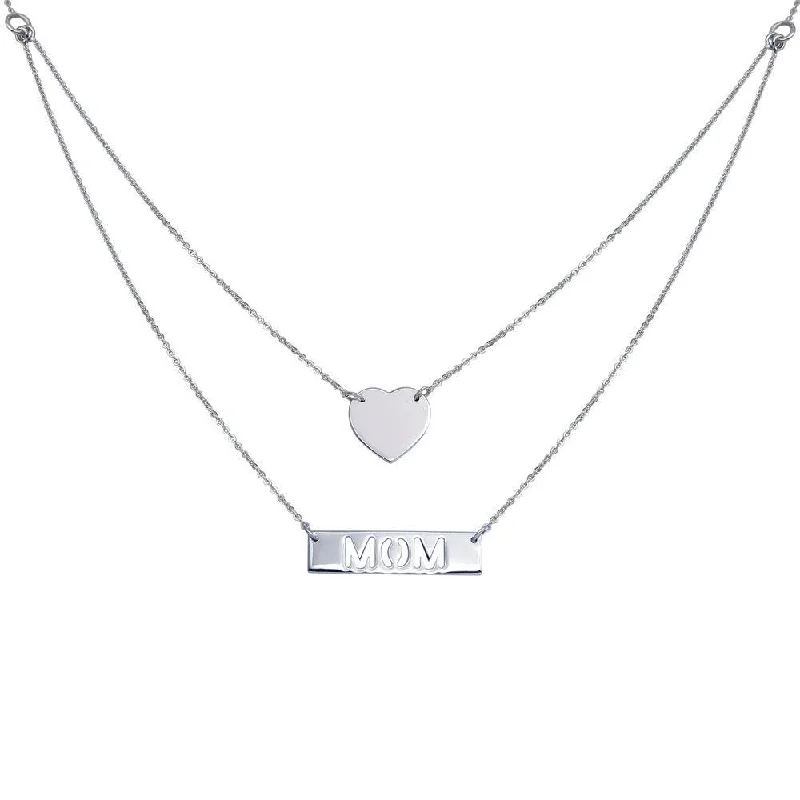 Rhodium Plated 925 Sterling Silver Double Chain Heart and "Mom" Pendant Necklace - DIN00053RH