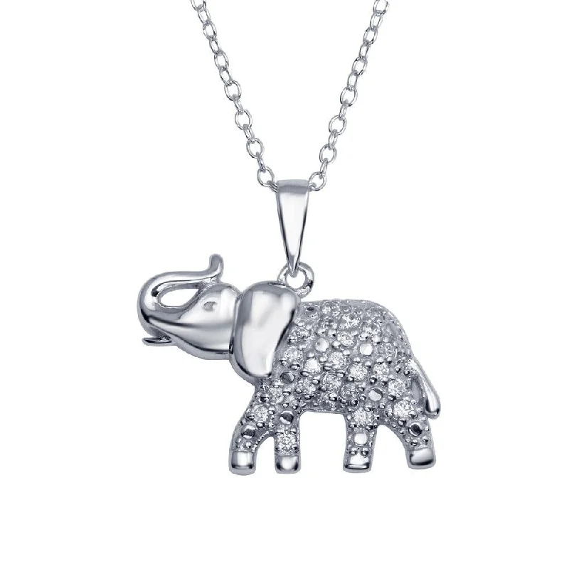 Rhodium Plated 925 Sterling Silver Elephant Pendant Necklace with CZ - BGP01295