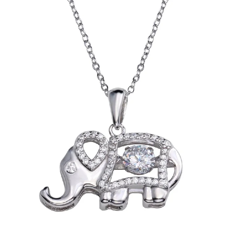 Rhodium Plated 925 Sterling Silver Elephant Pendant Necklace with Dancing CZ - STP01684RH