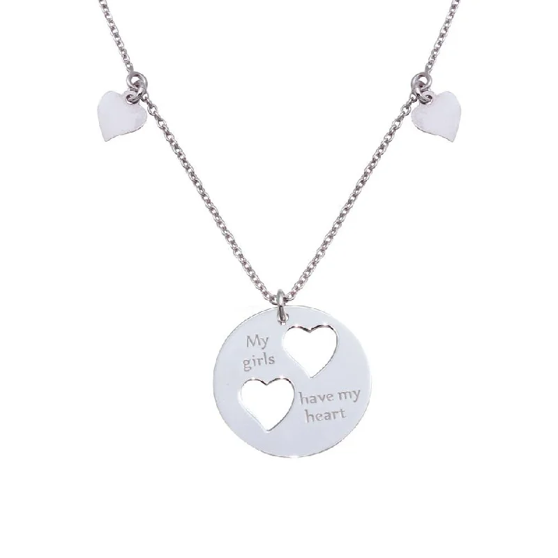 Rhodium Plated 925 Sterling Silver Flat Round Engraved "My girls have my heart" Pendant Necklace with Cut-out Hearts - SOS00011