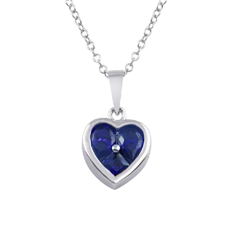 Rhodium Plated 925 Sterling Silver Heart Blue CZ Necklace - BGP01312BLU