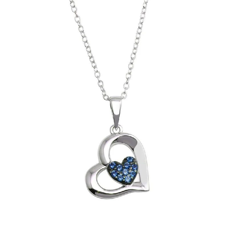 Rhodium Plated 925 Sterling Silver Heart Pendant Necklace with Blue CZ - BGP01292BLU