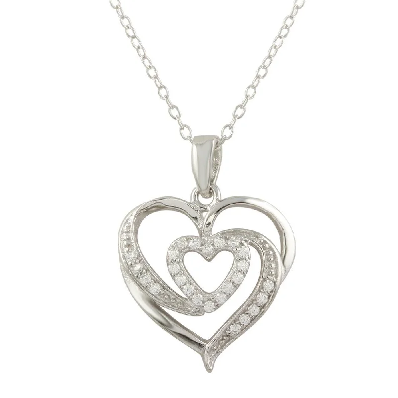 Rhodium Plated 925 Sterling Silver Heart Pendant Necklace with CZ - STP01658