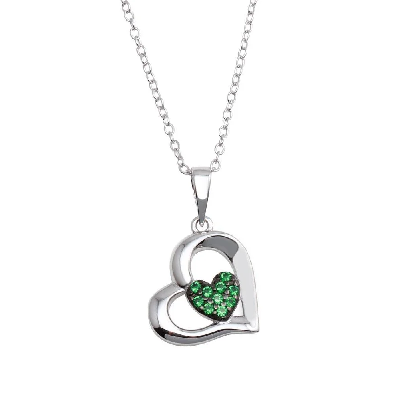 Rhodium Plated 925 Sterling Silver Heart Pendant Necklace with Green CZ - BGP01292GRN