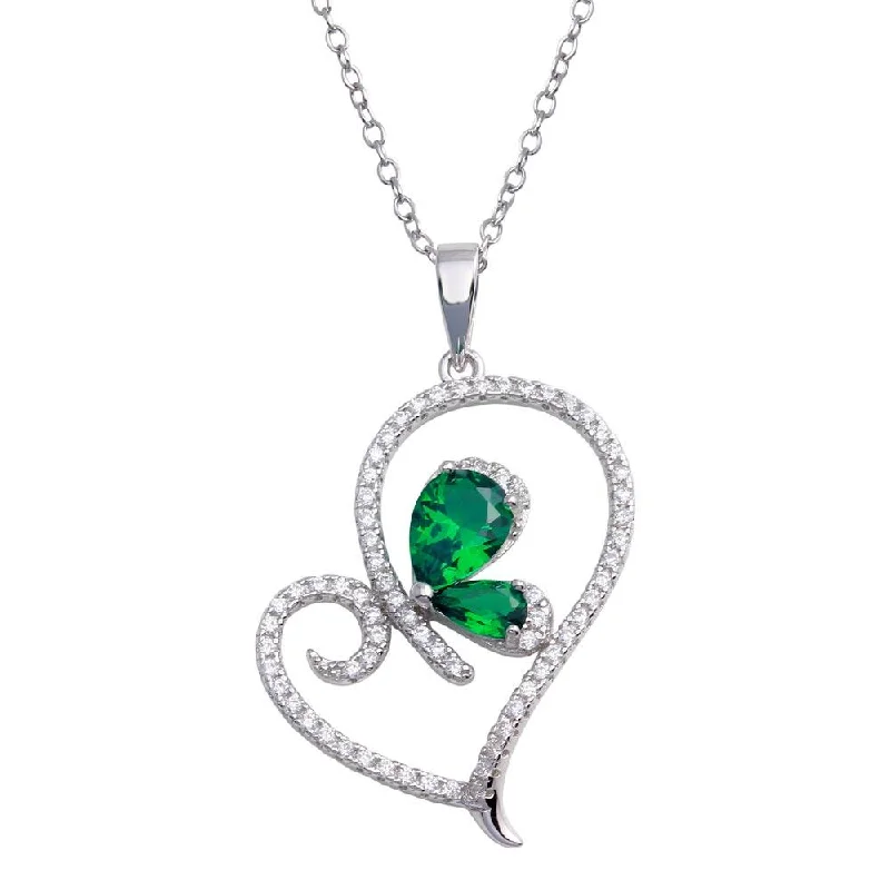 Rhodium Plated 925 Sterling Silver Heart Pendant Necklace with Green CZ - BGP01311